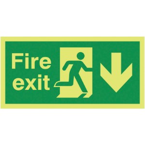 150x450mm Fire Exit Running Man Arrow Down - Nite Glo Self Adhesive