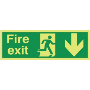 150x450mm Fire Exit Running Man Arrow Down - Nite Glo Rigid