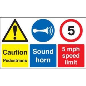 300x500mm Caution Pedestrians Sound Horn 5mph Speed Limit - Rigid